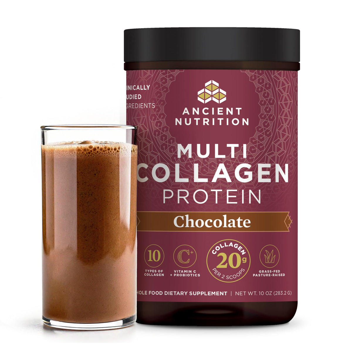 Ancient Nutrition Multi Collagen Protein Chocolate tub closeup highlighting convenient daily support