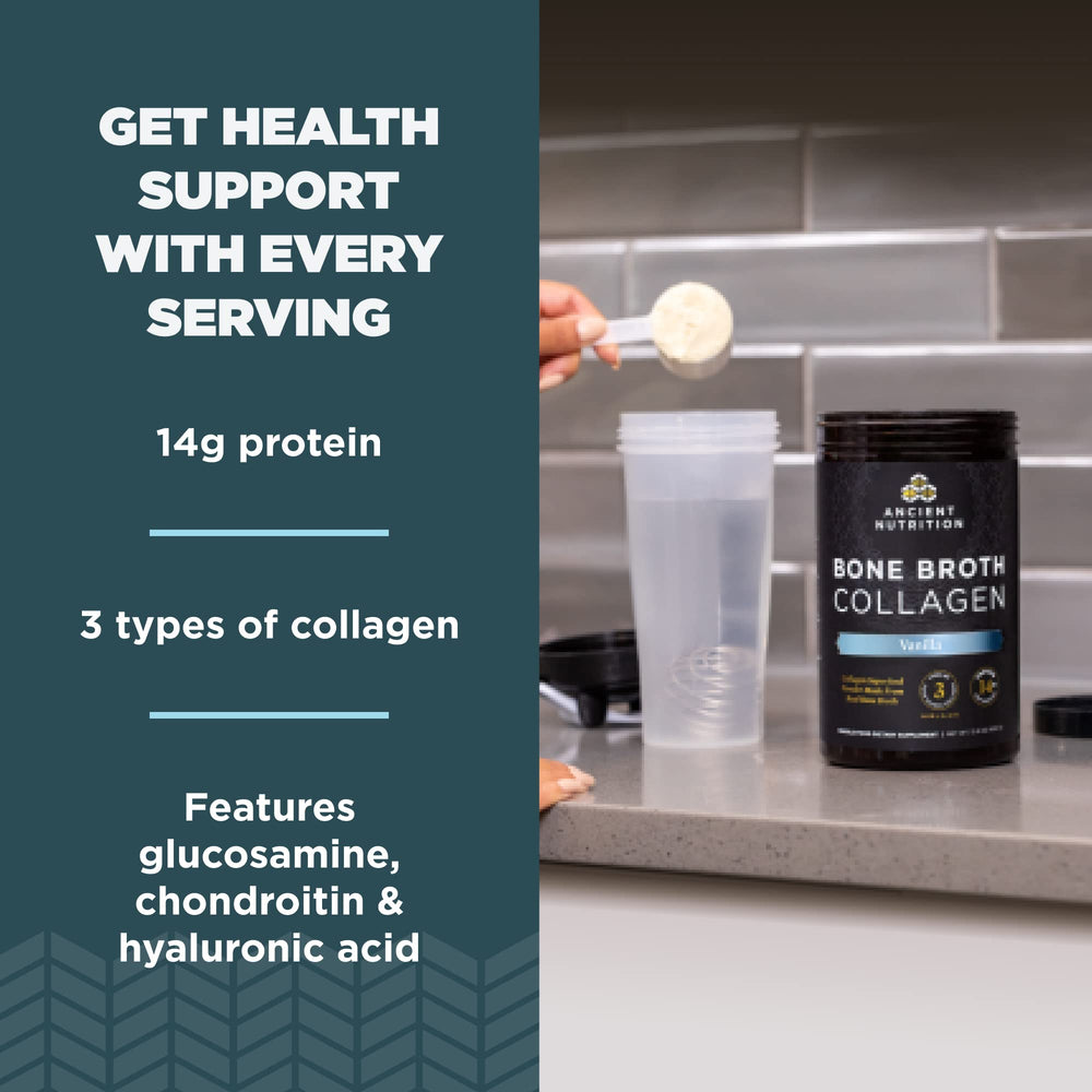 Ancient Nutrition multi-collagen vanilla peptides jar for daily versatile use