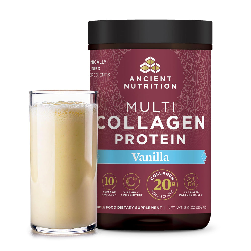 Ancient Nutrition Multi Collagen Vanilla Tub for convenient daily collagen support for skin and joints.