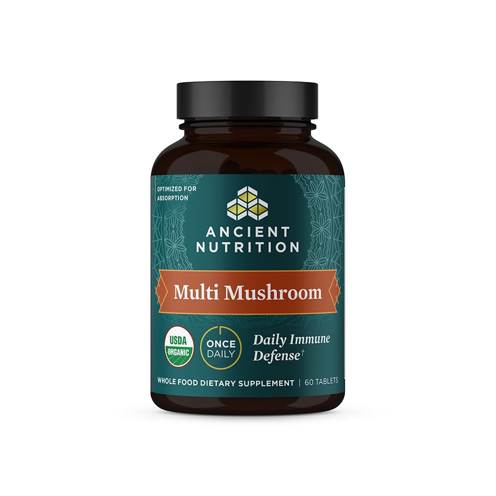 Ancient Nutrition Multi Mushroom bottle showing a 60-count supply for immune support