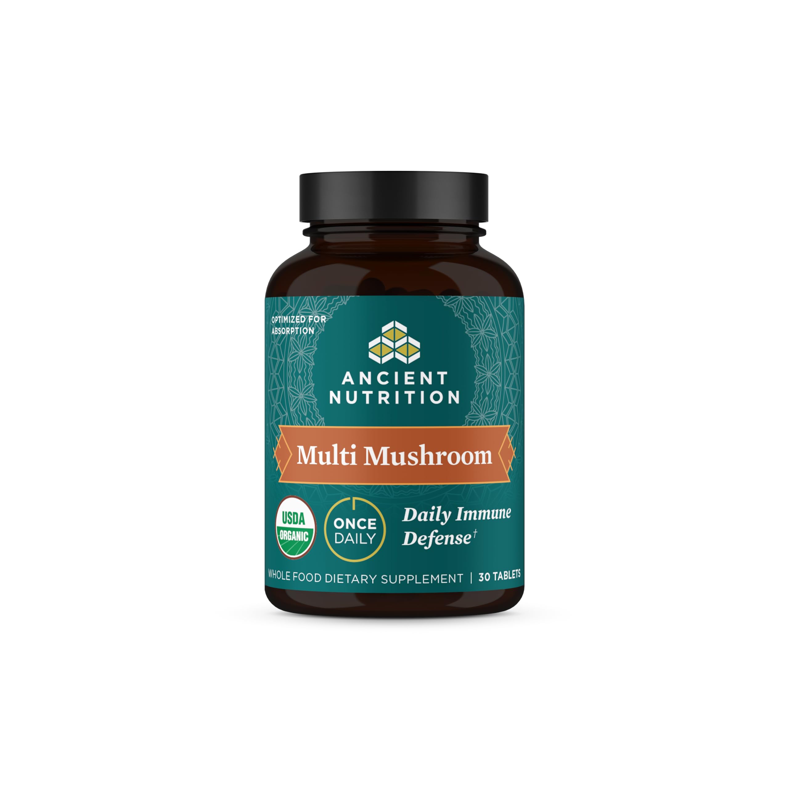 Ancient Nutrition Multi Mushroom Daily Immune Defense bottle on shelf supports daily immune balance.
