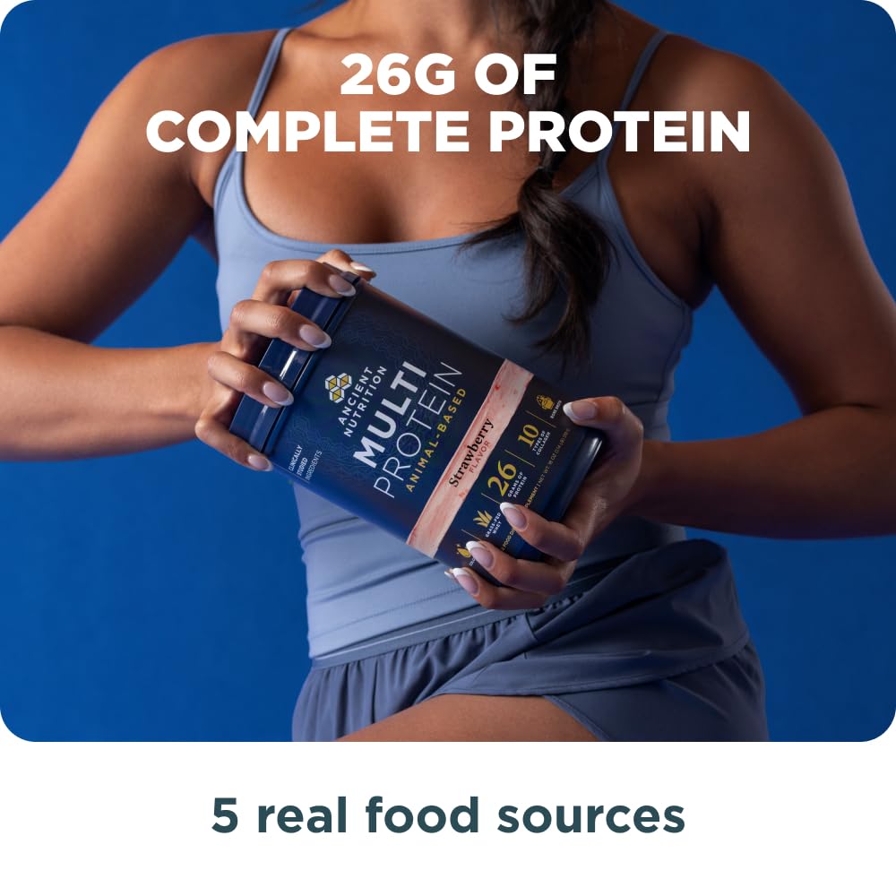 Ancient Nutrition Multi Protein Animal bone-broth ingredients reveal collagen support and amino acids.