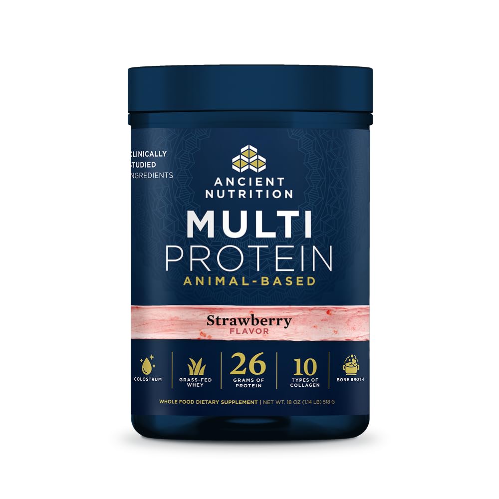 Ancient Nutrition Multi Protein Animal bottle showcases strawberry flavor for complete protein on the go.