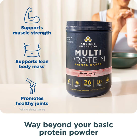 Ancient Nutrition Multi Protein Animal scoop highlights 26g protein per serving for daily fueling.