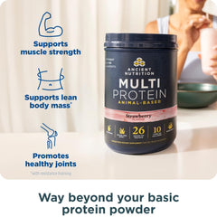 Ancient Nutrition Multi Protein Animal scoop highlights 26g protein per serving for daily fueling.