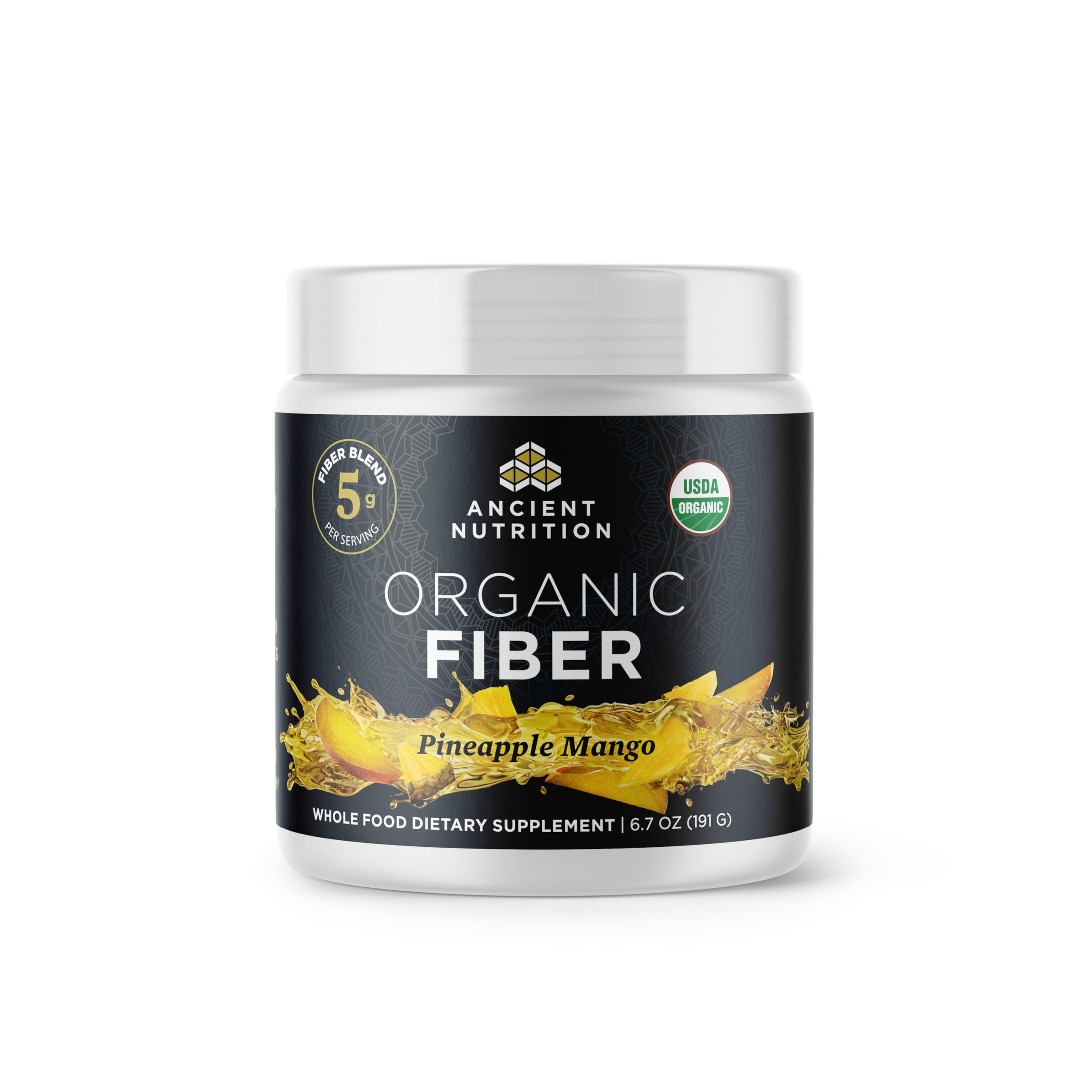 Ancient Nutrition Organic Fiber Powder pineapple mango bottle for convenient daily digestion support.
