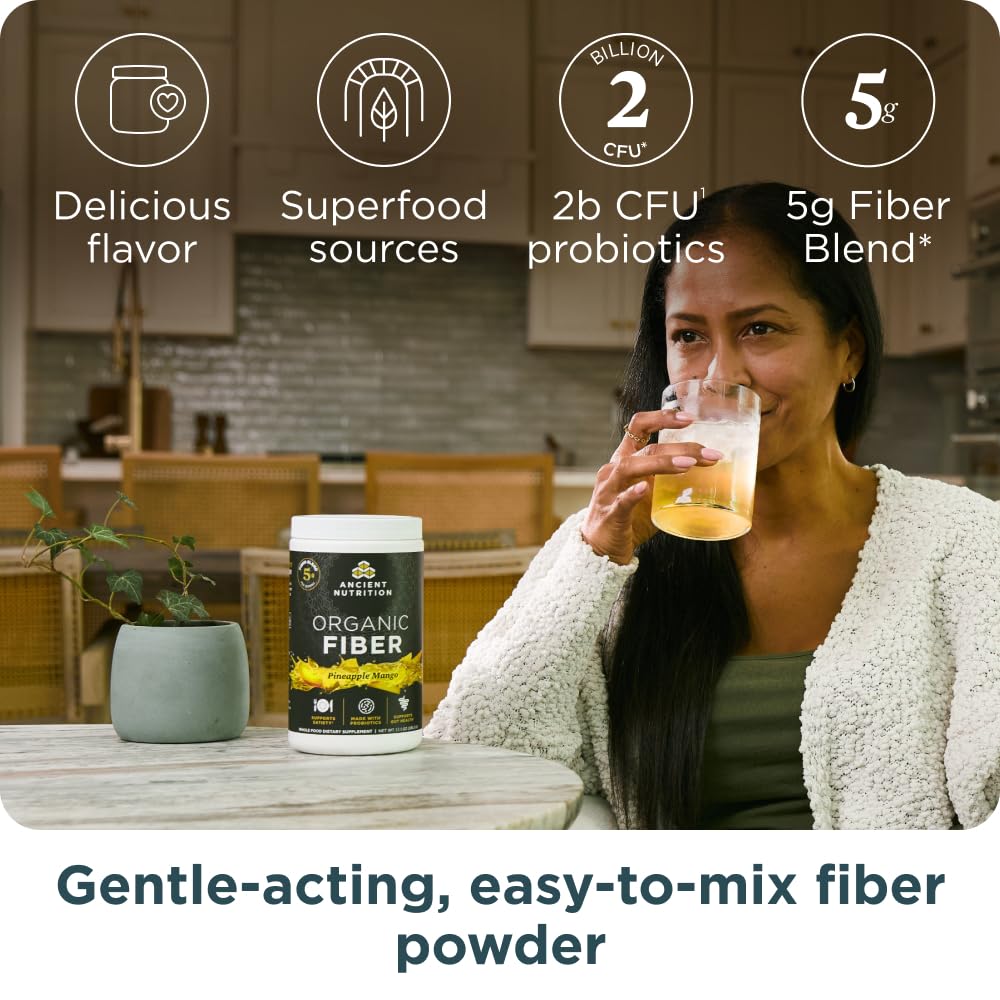 Ancient Nutrition Pineapple Mango glass with ready-to-drink fiber beverage.