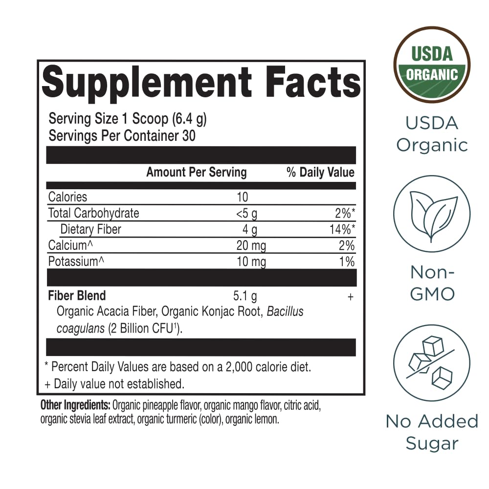 Ancient Nutrition Organic Fiber Powder pineapple mango label highlighting organic ingredients.