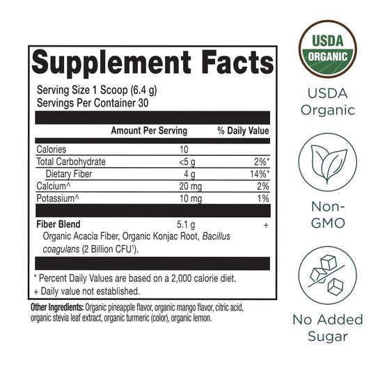 Ancient Nutrition Organic Fiber Powder pineapple mango label highlighting organic ingredients.