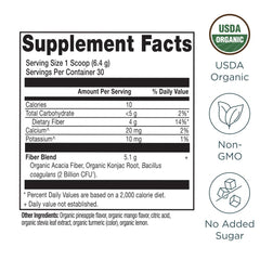 Ancient Nutrition Organic Fiber Powder pineapple mango label highlighting organic ingredients.