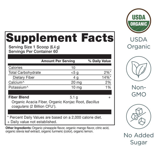 Ancient Nutrition Pineapple Mango label highlighting natural ingredients and tropical flavor.