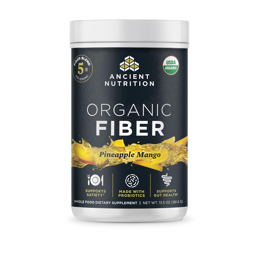 Ancient Nutrition Organic Fiber Powder Pineapple Mango tub for smooth daily digestion.