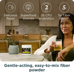 Ancient Nutrition Organic Fiber Powder pineapple mango tub on pantry shelf.