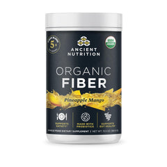 Ancient Nutrition Organic Fiber Powder Pineapple Mango tub for smooth daily digestion.