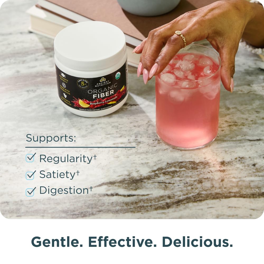 Ancient Nutrition Raspberry Lemonade fiber powder bottle closeup highlighting organic certification