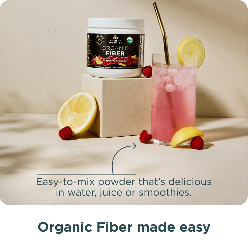 Ancient Nutrition Raspberry Lemonade fiber powder ingredients list emphasizing acacia and konjac roots