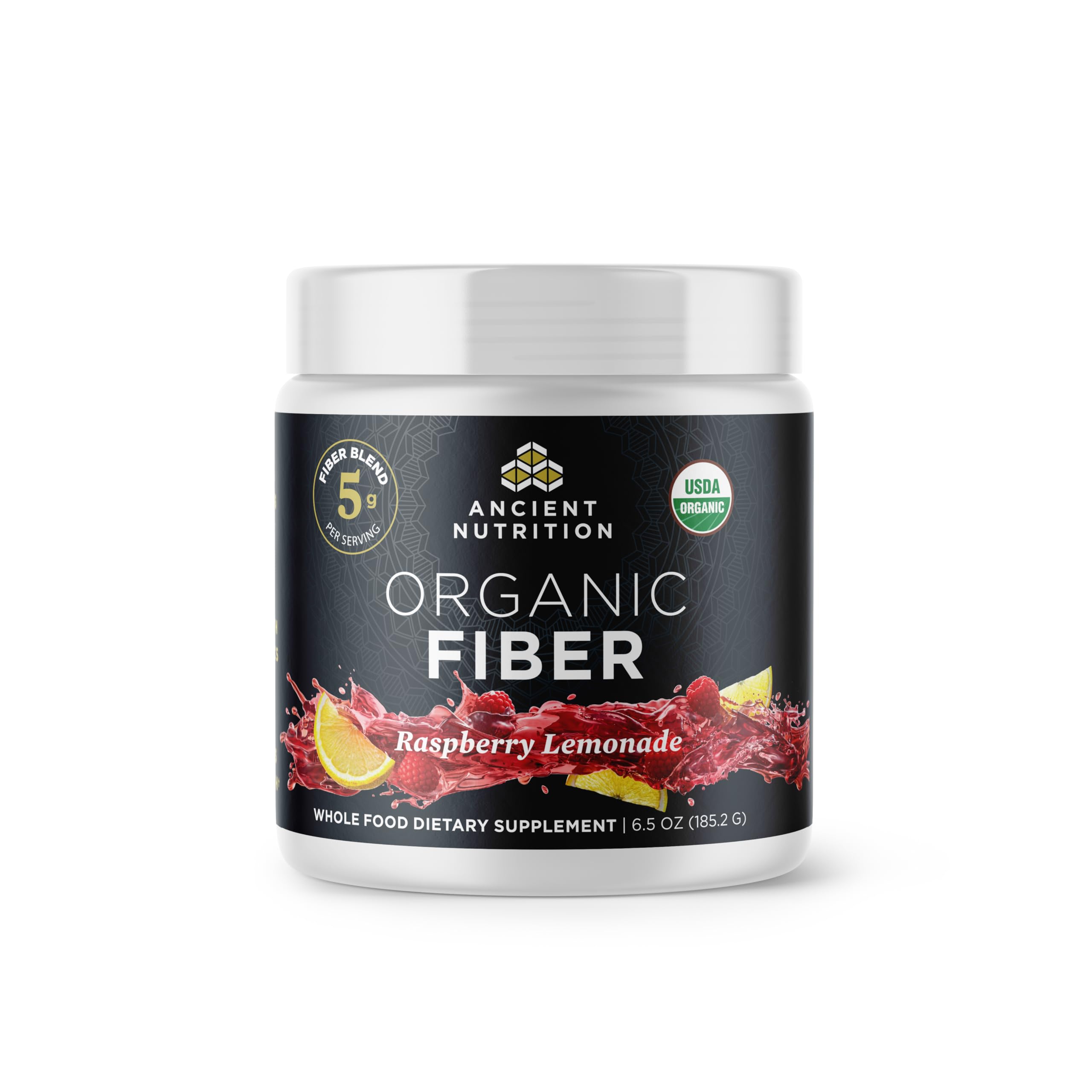 Ancient Nutrition Organic Fiber Powder Raspberry Lemonade label showing organic ingredients for daily digestion support