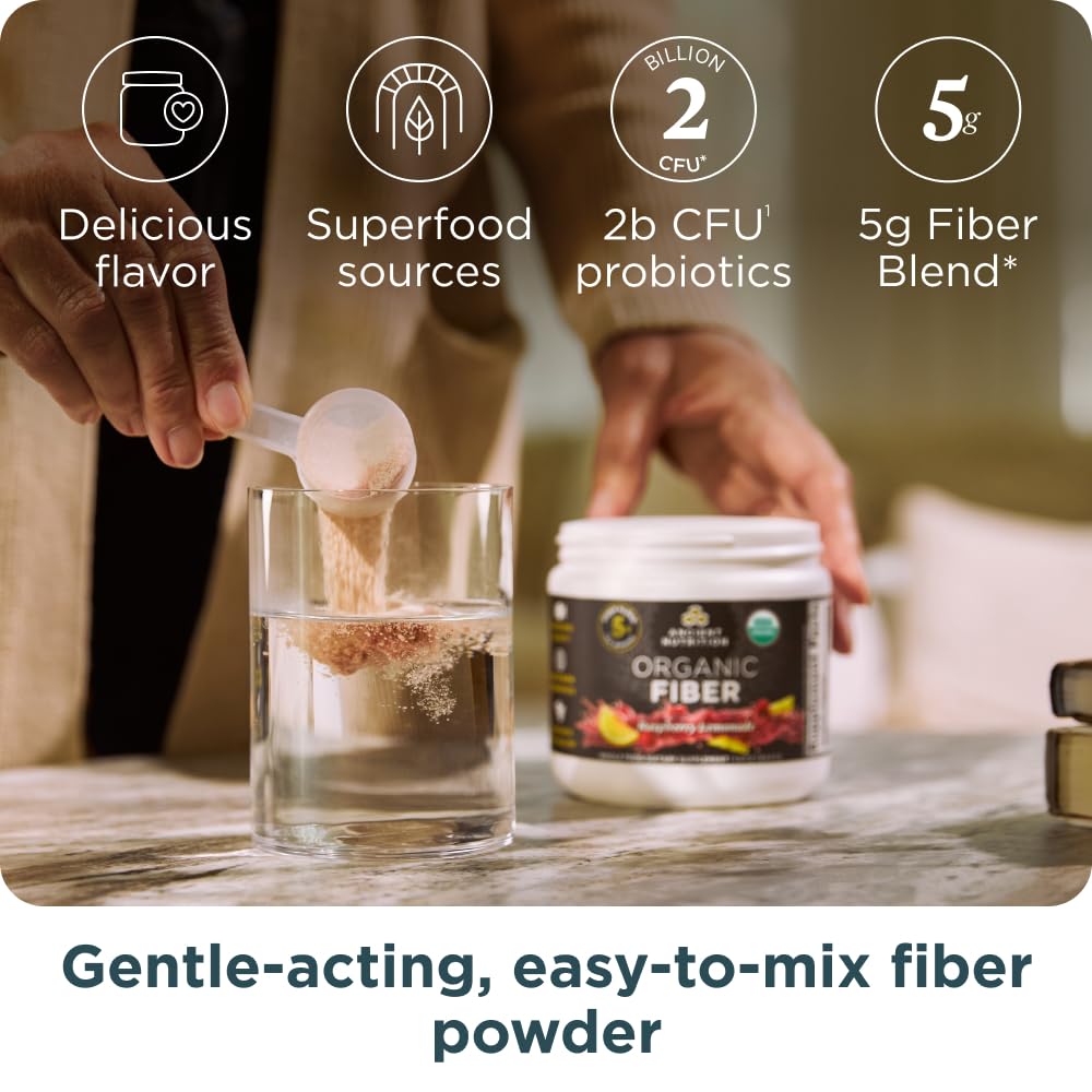 Ancient Nutrition Organic Fiber Powder Raspberry Lemonade serving scoop for consistent intake