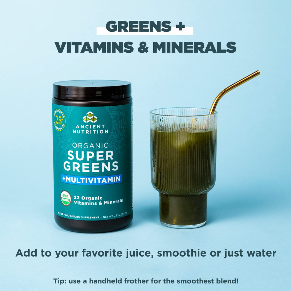 Ancient Nutrition multi-vitamins and greens blend in a scoop-friendly container.