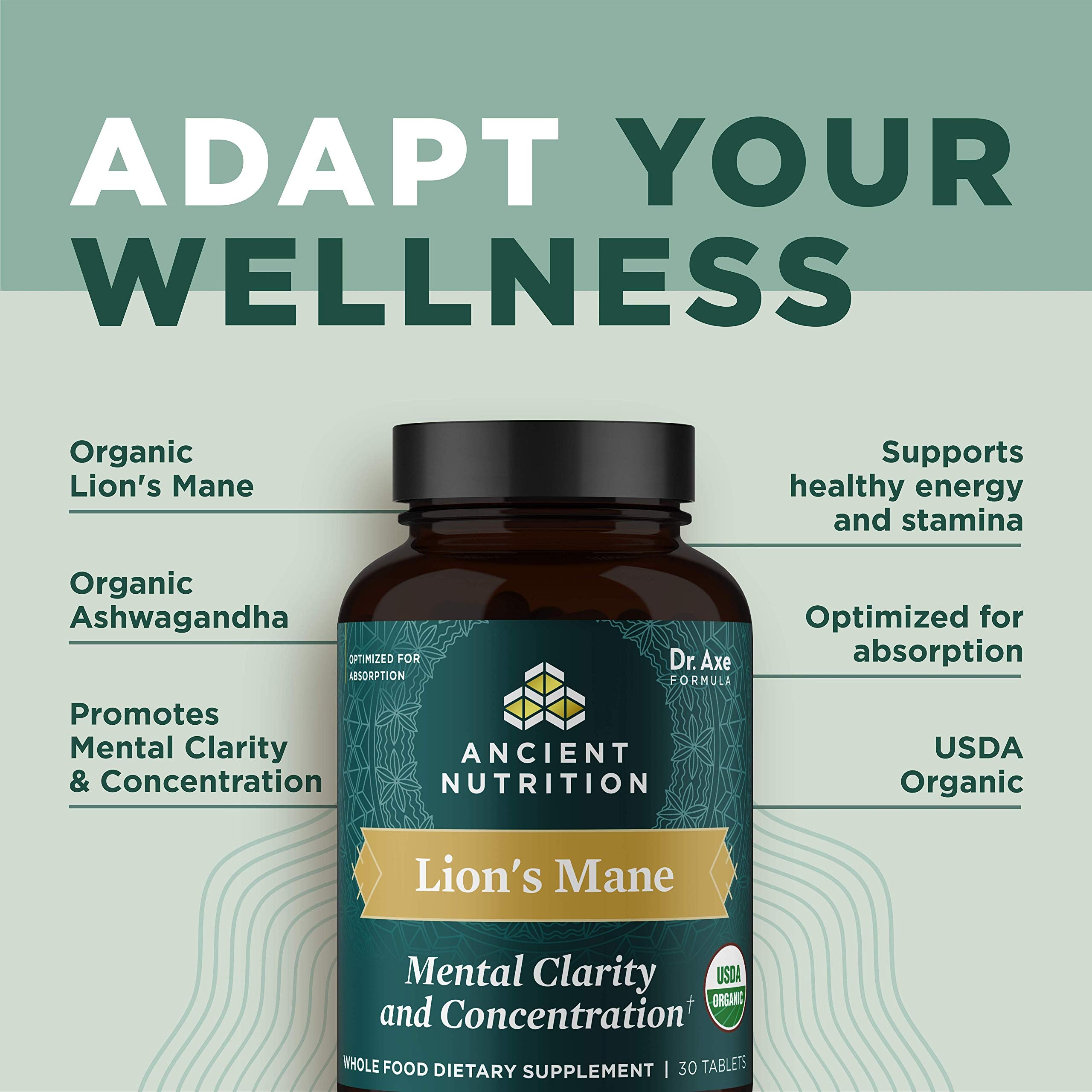 Ancient Nutrition organic lion's mane and ashwagandha ingredients showcased.