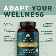 Ancient Nutrition organic lion's mane and ashwagandha ingredients showcased.