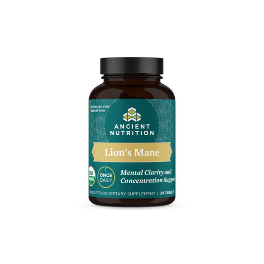 Ancient Nutrition Organic Lion's Mane bottle for daily focus and energy.