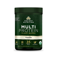 Ancient Nutrition Organic Multi Protein Vanilla bottle pour shows a protein shake after workouts