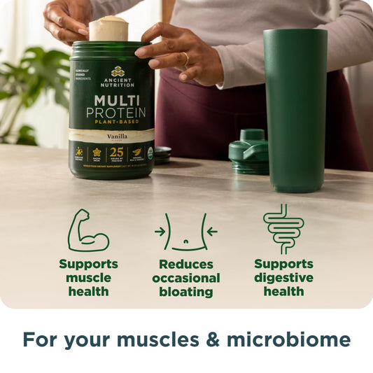 Ancient Nutrition Organic Multi Protein Vanilla scoop in glass demonstrates quick, smooth mixing after training
