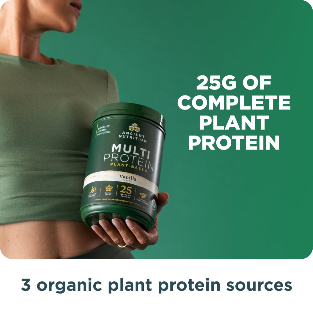 Ancient Nutrition Organic Multi Protein Vanilla serving scoop underscores on the go protein convenience