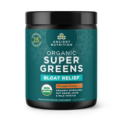 Ancient Nutrition Organic SuperGreens bottle pour showing a refreshing daily shake