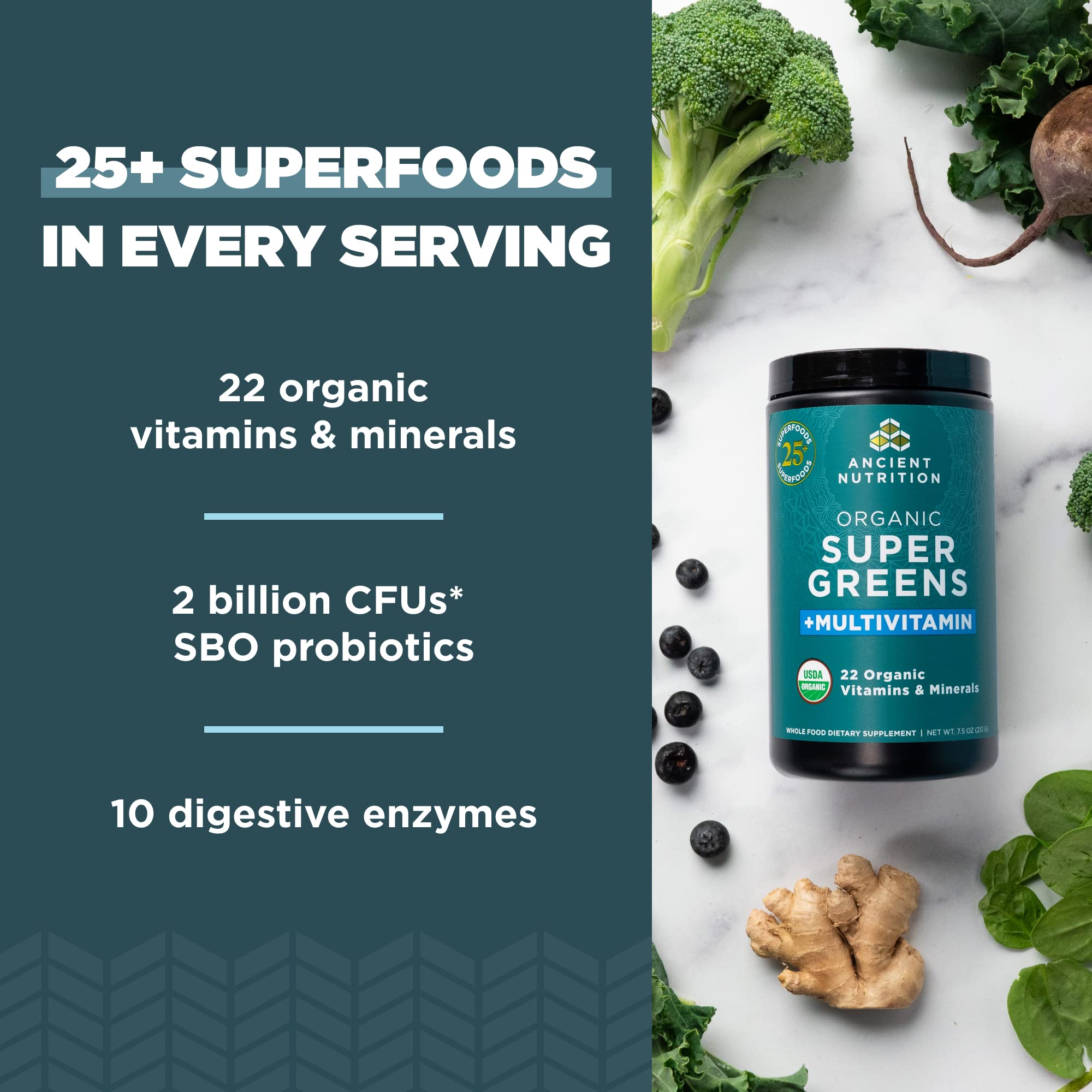 Ancient Nutrition bottle label showing certified organic greens and vitamins.