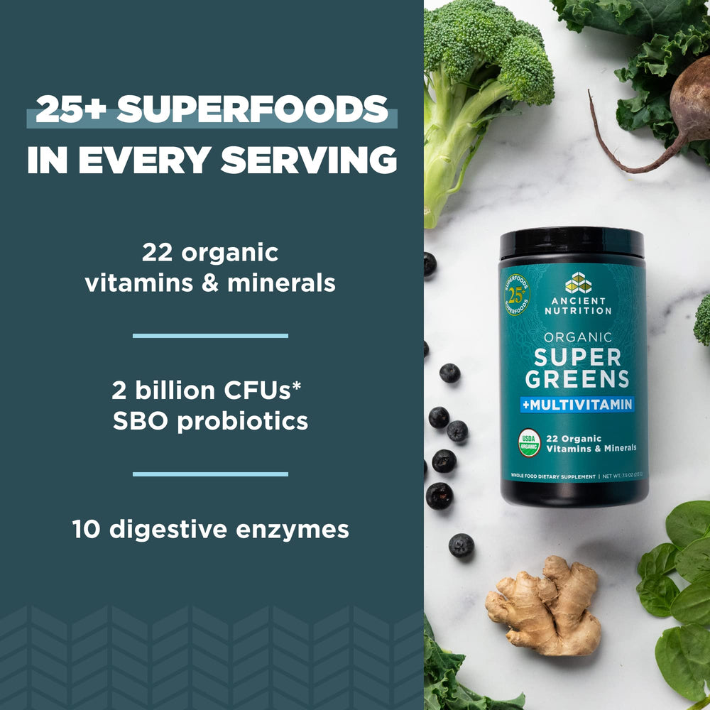 Ancient Nutrition bottle label showing certified organic greens and vitamins.