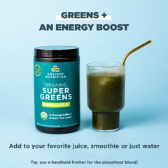 Ancient Nutrition Organic SuperGreens Energizer box with probiotic badge promising gut balance