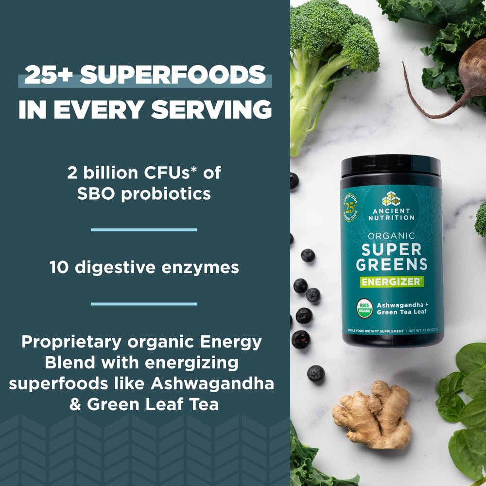 Ancient Nutrition Organic SuperGreens Energizer pouring into glass highlights vibrant greens for a refreshing start