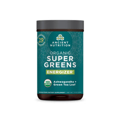 Ancient Nutrition Organic SuperGreens Energizer tub with scoop ready for daily greens