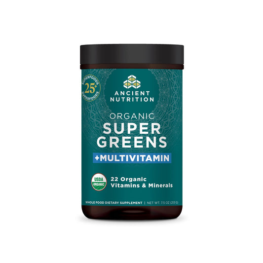 Ancient Nutrition Organic SuperGreens + Multivitamin tub with scoop for daily greens and vitamins.