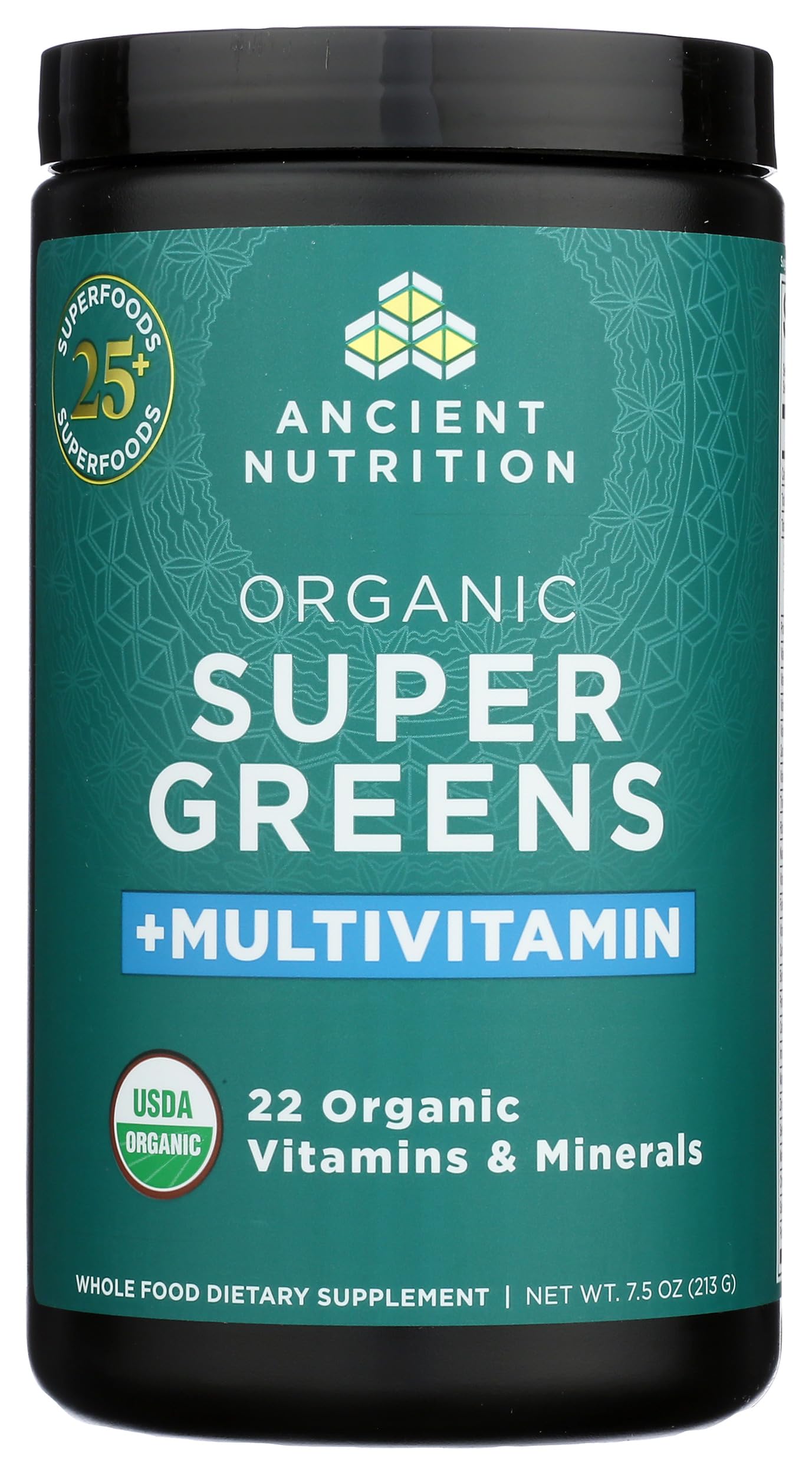 Ancient Nutrition greens and vitamins jar on kitchen counter ready to mix.