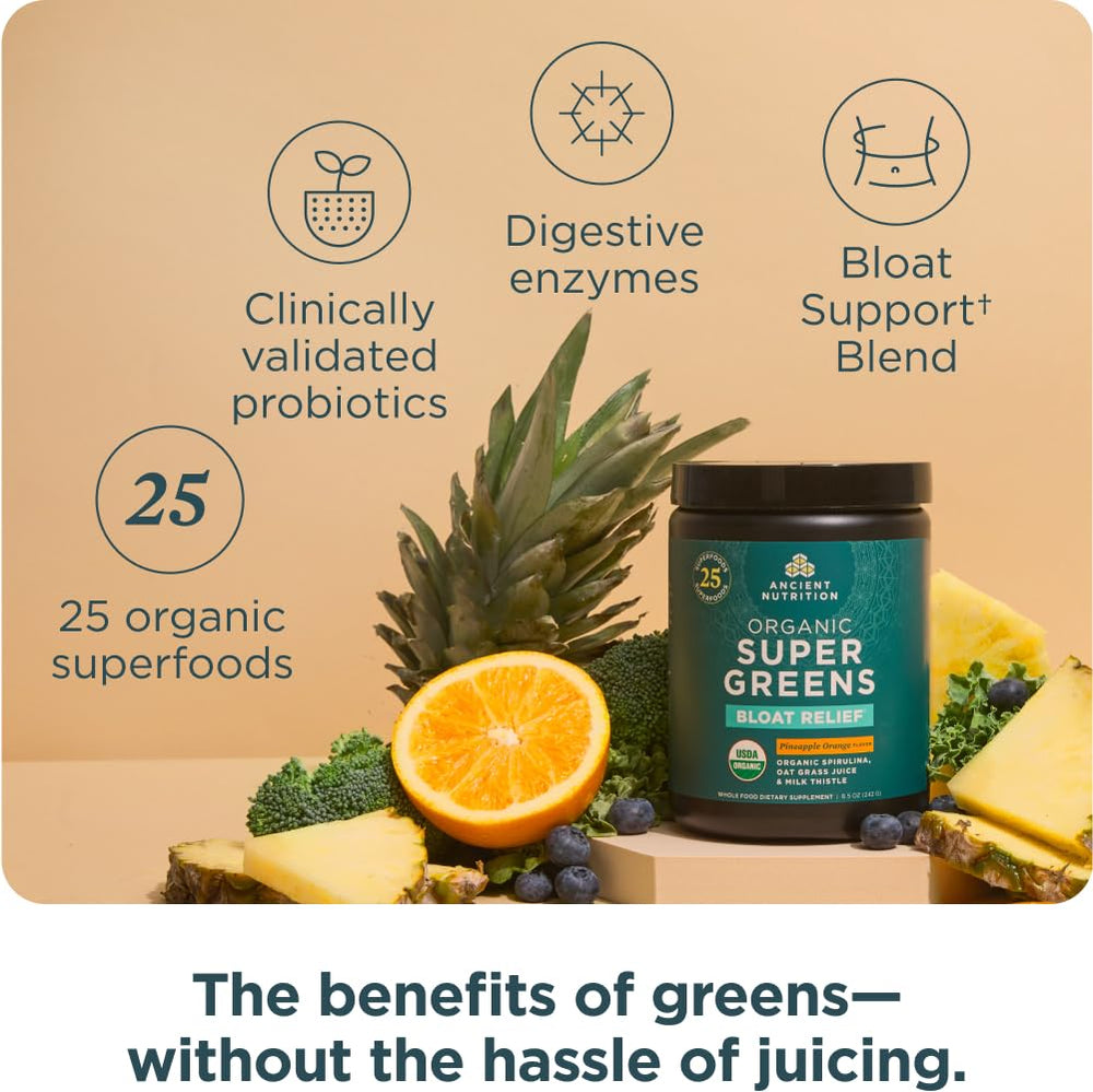 Ancient Nutrition pineapple orange flavor in glass and spoon