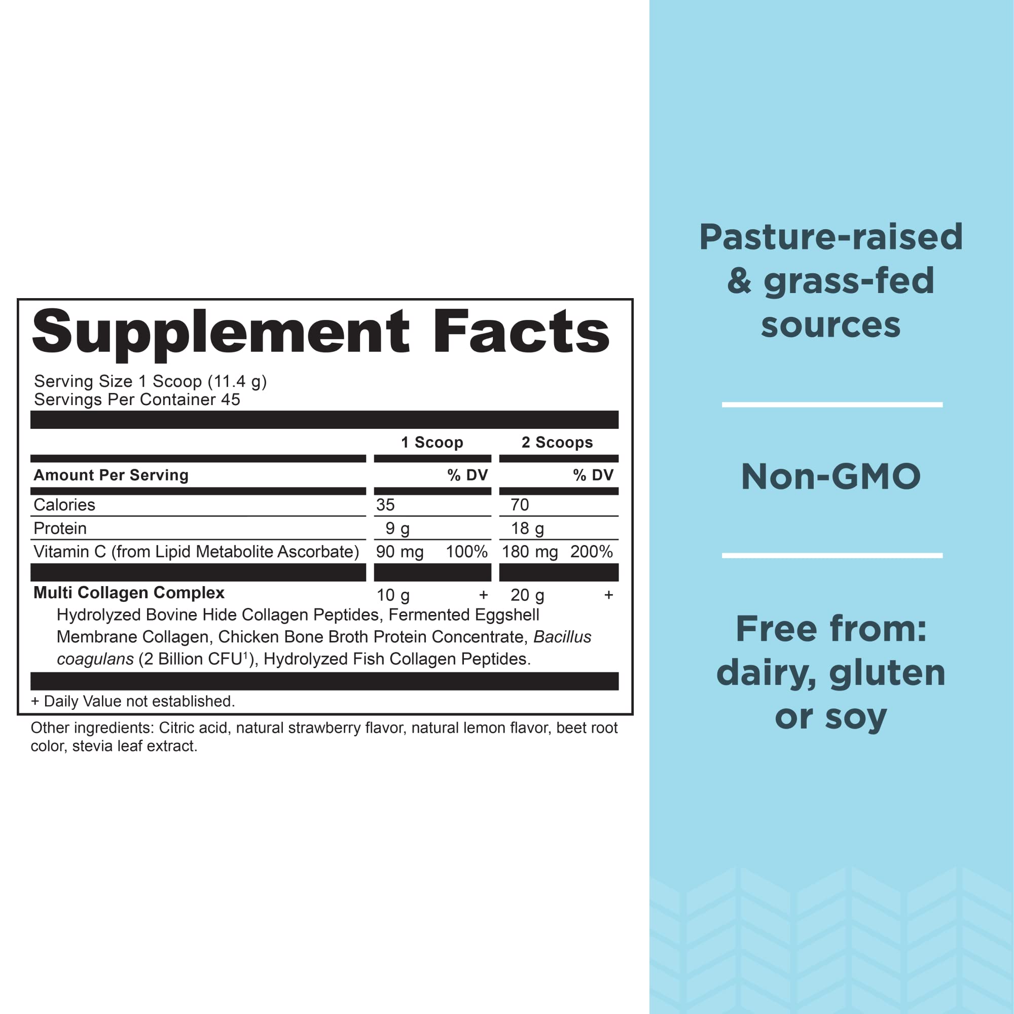 Ancient Nutrition probiotic collagen bottle label highlights five collagen types and sourcing
