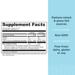 Ancient Nutrition probiotic collagen bottle label highlights five collagen types and sourcing