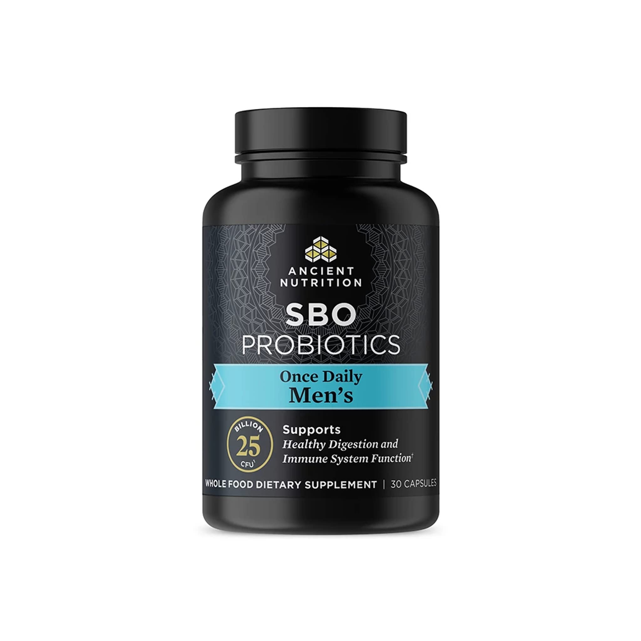 Ancient Nutrition Probiotics for Men bottle front shows branding and dosage for daily use.