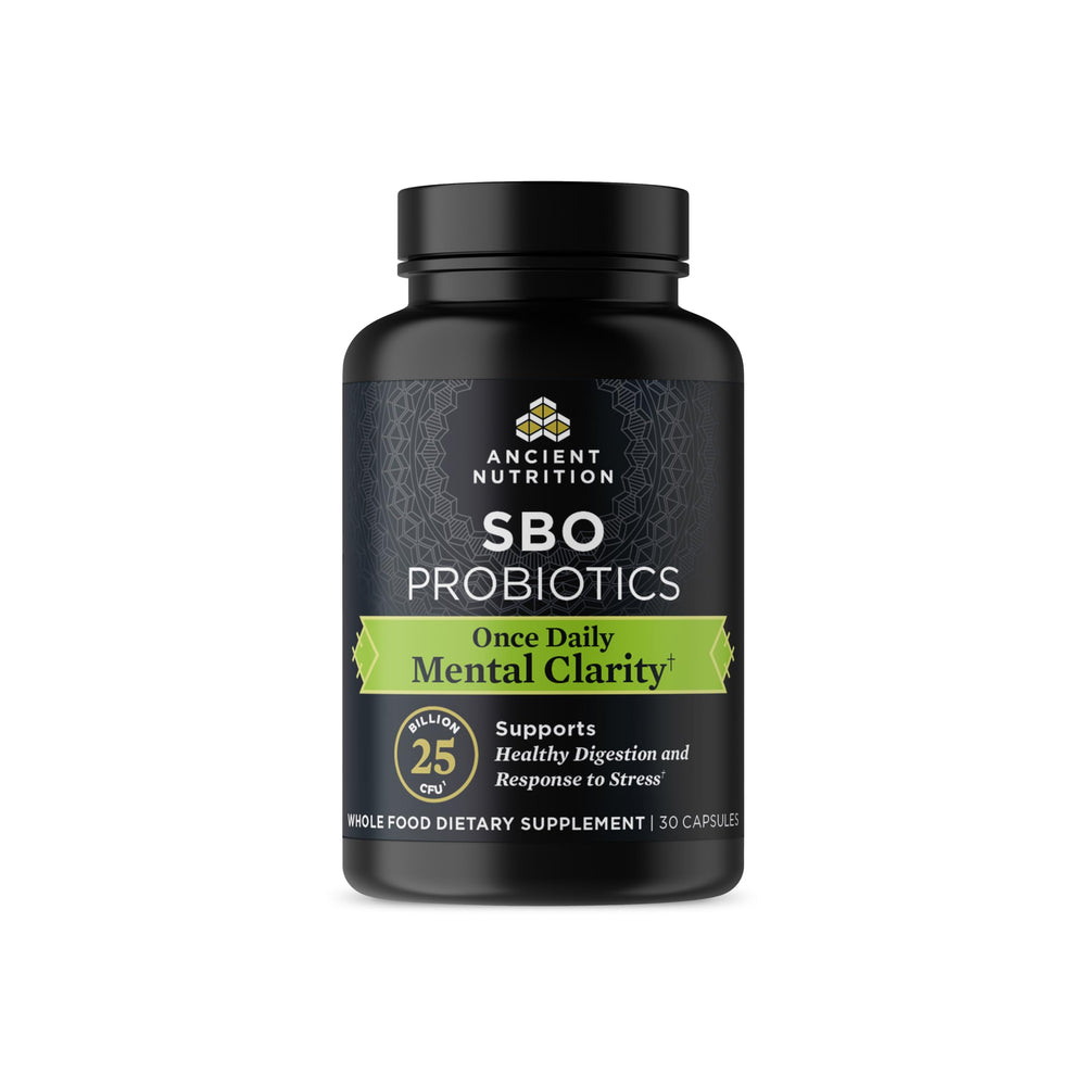 Ancient Nutrition Probiotics bottle promoting mental clarity and focus.