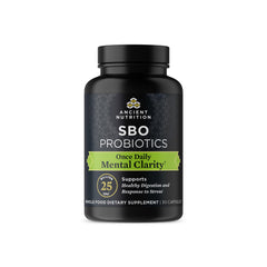 Ancient Nutrition Probiotics bottle promoting mental clarity and focus.