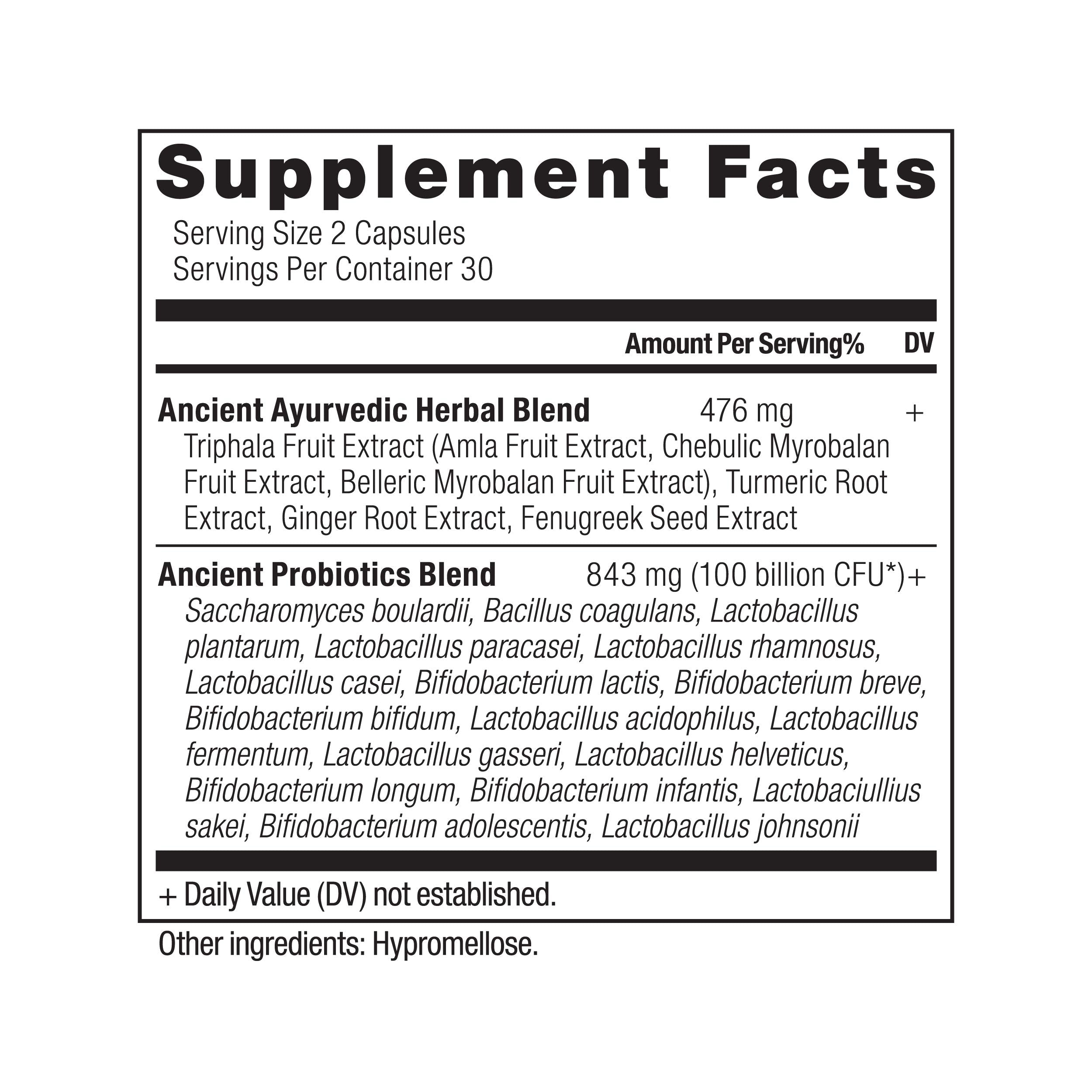 Ancient Nutrition Probiotics Ultimate bottle label highlights 100B CFU per serving for digestion.