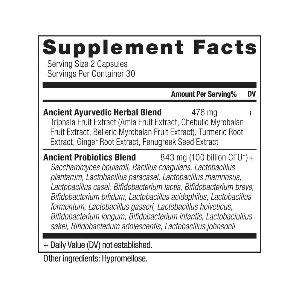 Ancient Nutrition Probiotics Ultimate bottle label highlights 100B CFU per serving for digestion.