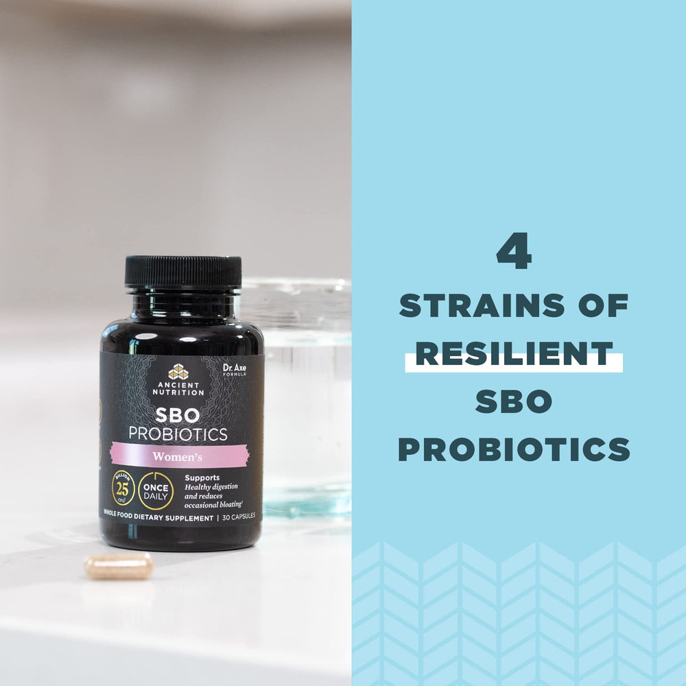 Ancient Nutrition Probiotics for Women capsules with water showing serving size.