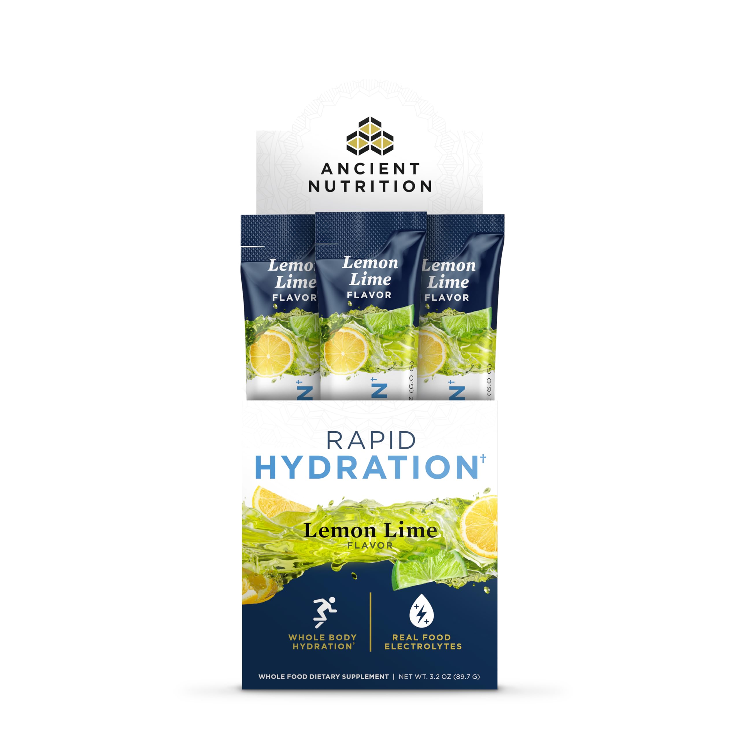Ancient Nutrition Rapid Hydration Powder lemon-lime bottle for quick, daily hydration.