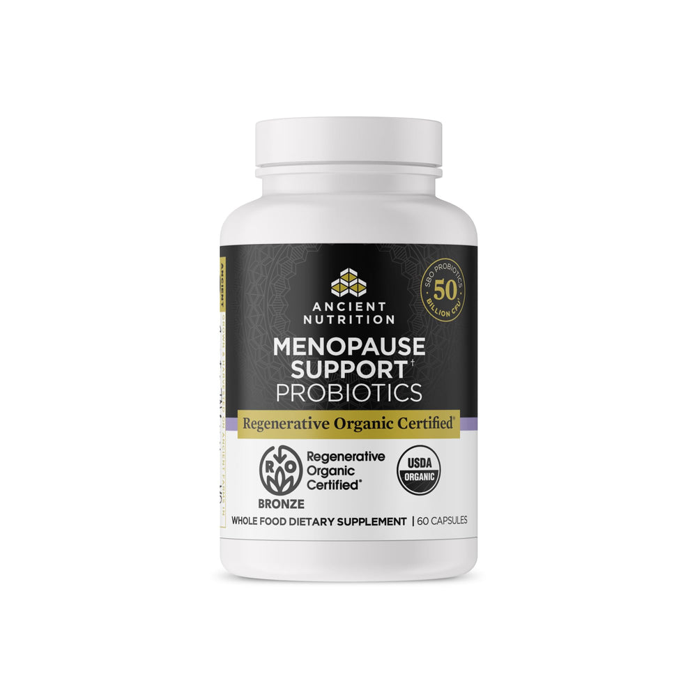 Ancient Nutrition menopause probiotic bottle for daily digestive balance and menopause support