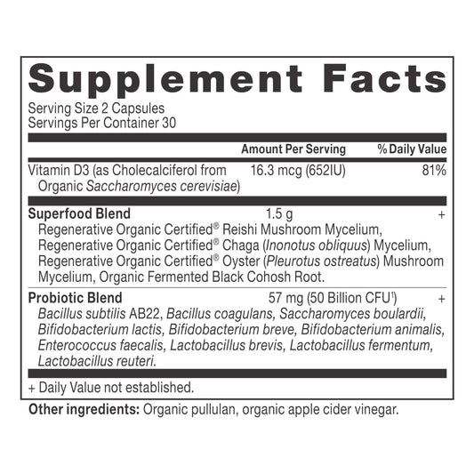 Closeup of Ancient Nutrition menopause capsules highlighting probiotic diversity