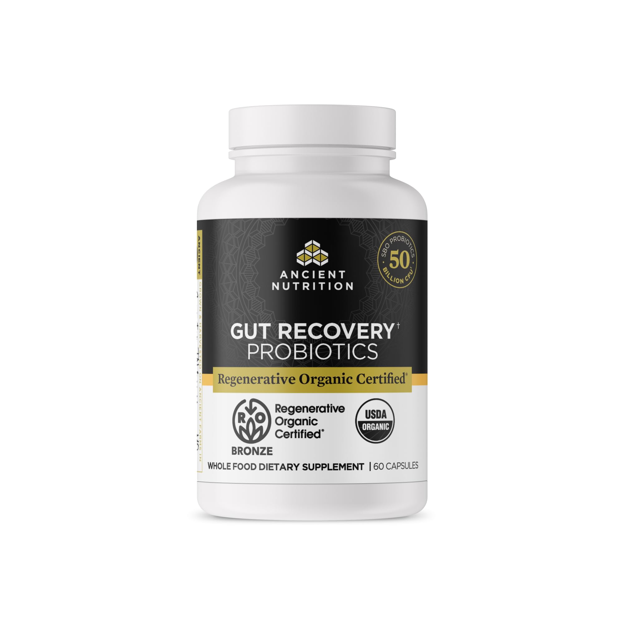 Ancient Nutrition regenerative-organic-gut-recovery-bottle shows a probiotic blend for daily gut health.